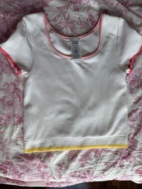 Athleta White Ribbed Crop Tee with Pink Trim and Yellow Hem